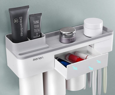 Automatic Toothpaste Dispenser Wash Cup Toothbrush Holder Set Wall Mount Stand