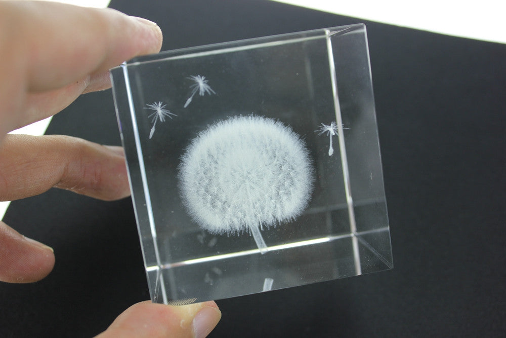 Creative 3 D Laser Etching Crystal Dandelion Cube Paperweight, Birthday Gifts