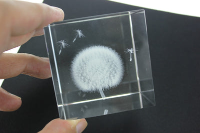 Creative 3 D Laser Etching Crystal Dandelion Cube Paperweight, Birthday Gifts