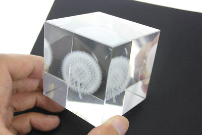 Creative 3 D Laser Etching Crystal Dandelion Cube Paperweight, Birthday Gifts