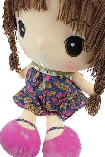 Adorable Cloth Doll, 23" with Removable Clothing, Embroidered Facial Features, Brown Hair Bangs Girl